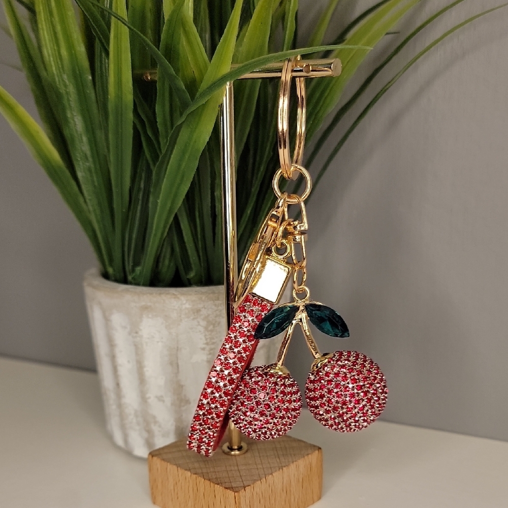 Cherry Red Rhinestone Keychain Bag Charm - Picture 8 of 8